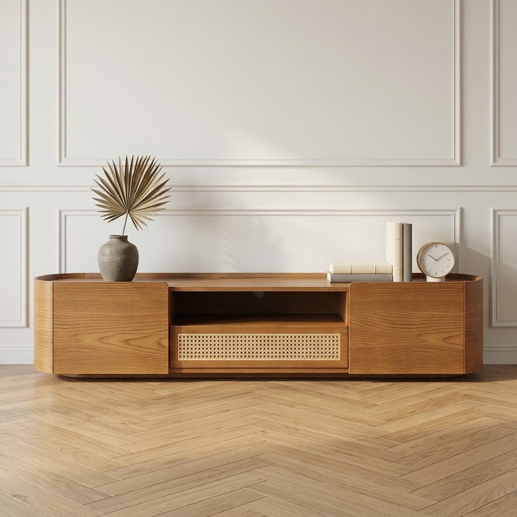 Meuble TV Hortense en bois aux angles arrondis, panneau cannage rotin et niche centrale, dans un salon clair