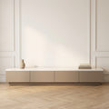 Meuble TV Isidore laqué taupe à plateau effet marbre blanc, quatre façades sans poignée