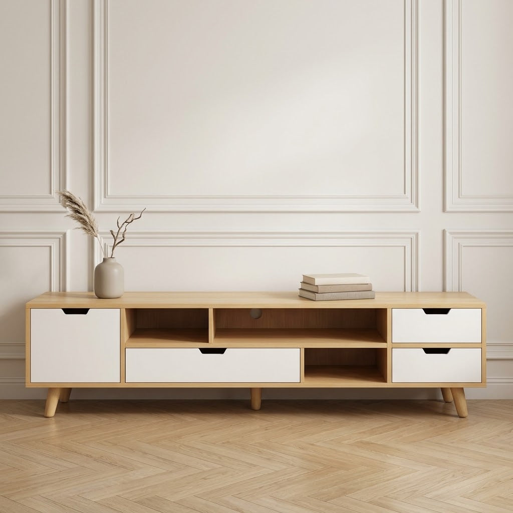 Meuble TV Marceline scandinave en bois naturel, niches ouvertes et pieds fuseau en bois clair