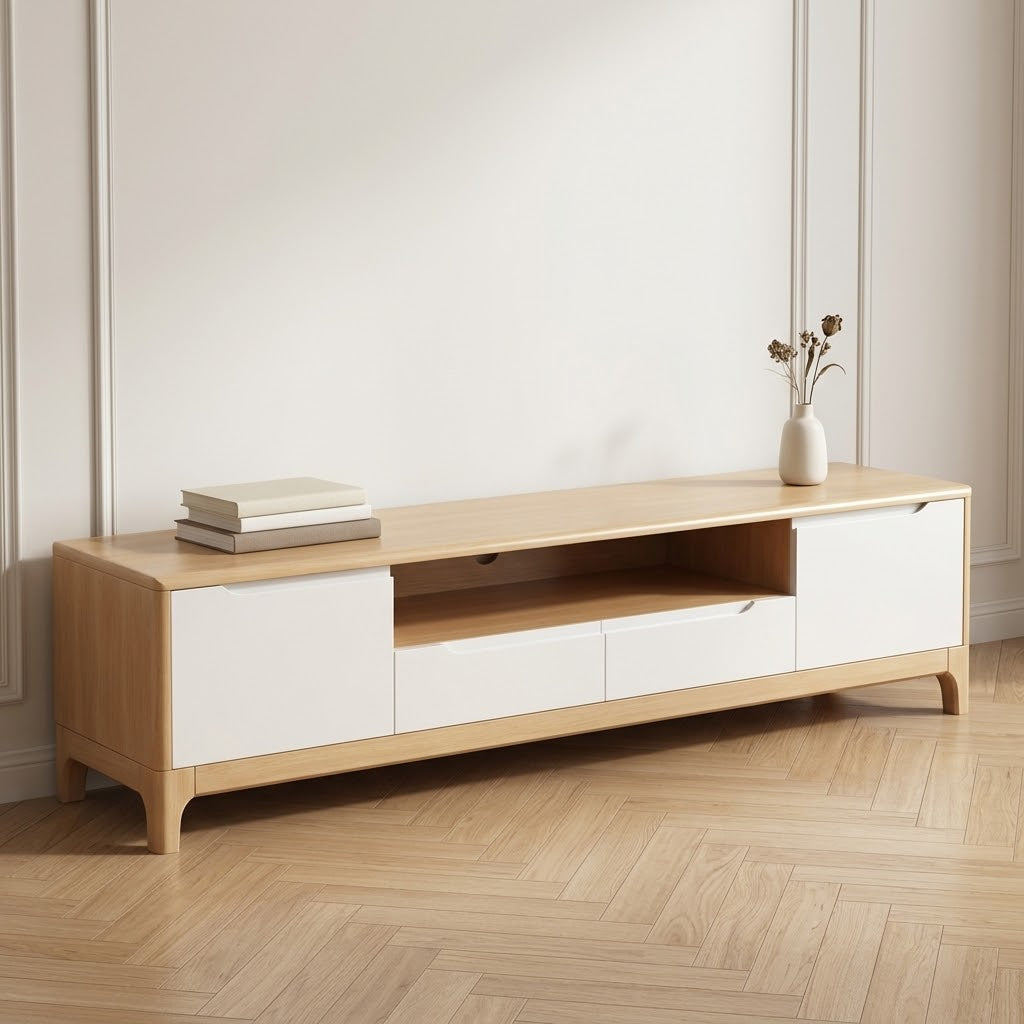Meuble TV Valentine bicolore chêne clair et façades blanches, niche centrale et pieds galbés en bois