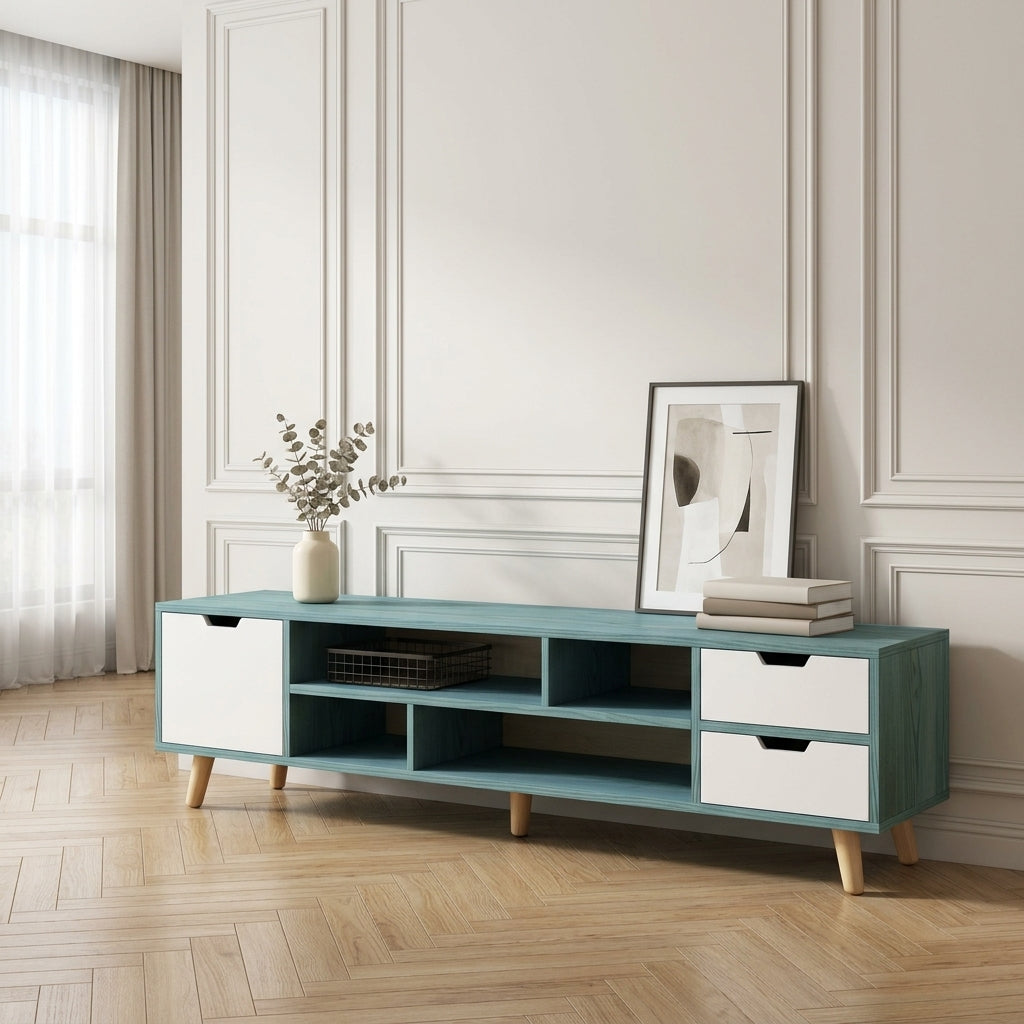 Meuble TV Marceline scandinave turquoise et blanc, niches ouvertes et pieds fuseau en bois clair