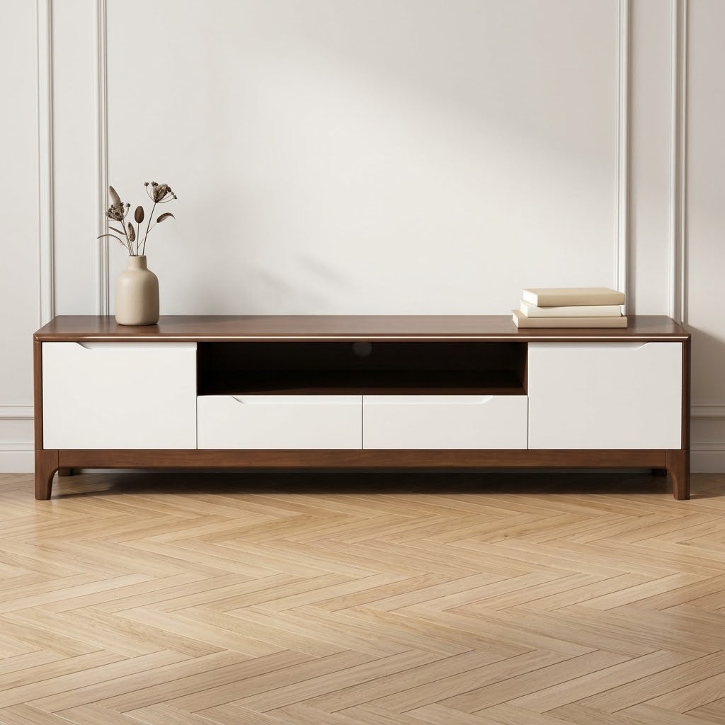 Meuble TV Valentine bicolore noyer et façades blanches, niche centrale et pieds galbés en bois
